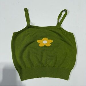 SHEIN Knit Cropped Sweater Tank Top Green Yellow hippy mod Flower boho S L